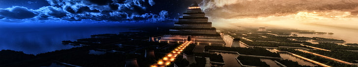 szara i czarna piramida cyfrowa tapeta, piramida, wielokrotny wyświetlacz, Tapety HD
