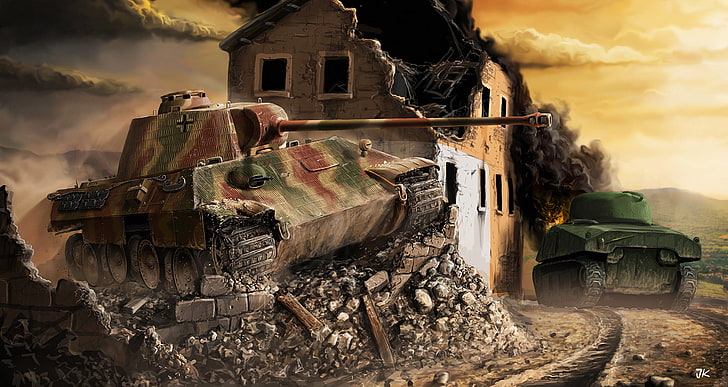 green and brown battle tank, house, war, the building, Panther, art, tank, Germany, Sherman, Panther vs. Sherman, HD wallpaper