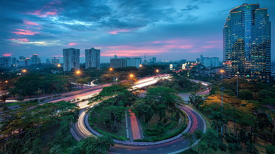 pejzaż miejski, węzeł, autostrada, długi czas naświetlania, lekkie ślady, Dżakarta, miasto, Tapety HD HD wallpaper