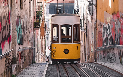 город, улица, граффити, здания, дома, трамвай, Португалия, Лиссабон, HD обои HD wallpaper