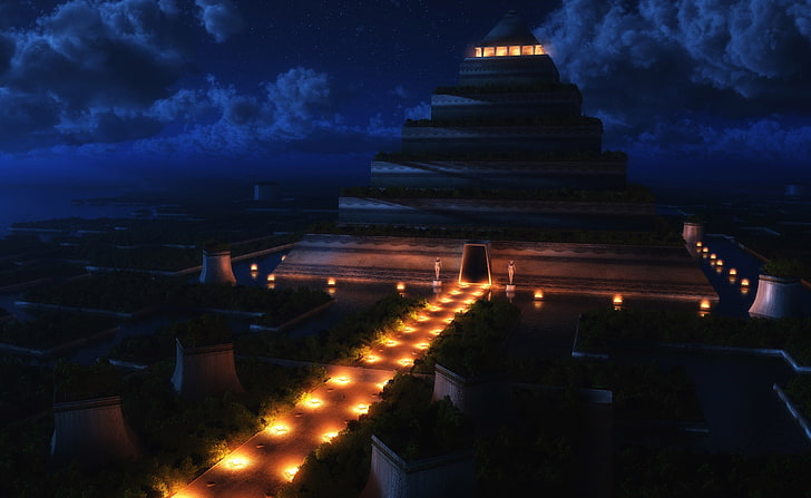Pyramid Temple Night, temple illustration, Artistic, 3D, Night, Temple, pyramid, HD wallpaper