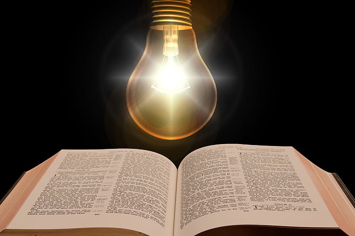 light bulb, light, text, book, The Bible, HD wallpaper