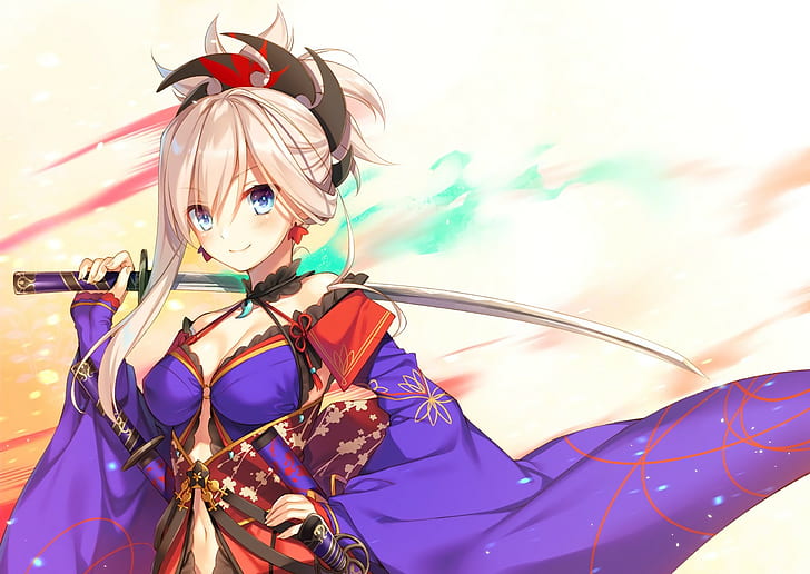 Miyamoto Musashi, Miyamoto Musashi (fategrand order), FateGrand Order, purple dresses, katana, HD wallpaper