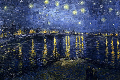 łódź, sztuka klasyczna, odbicie, gwiazdy, Vincent Van Gogh, woda, Tapety HD HD wallpaper