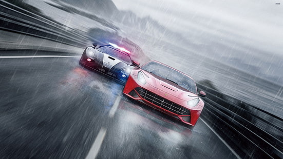 Need For Speed ​​Hot Pursuit цифровые обои, постер гоночной игры, Need for Speed: Rivals, Ferrari F12berlinetta, Need for Speed, Koenigsegg Agera, видеоигры, дождь, дорога, HD обои HD wallpaper