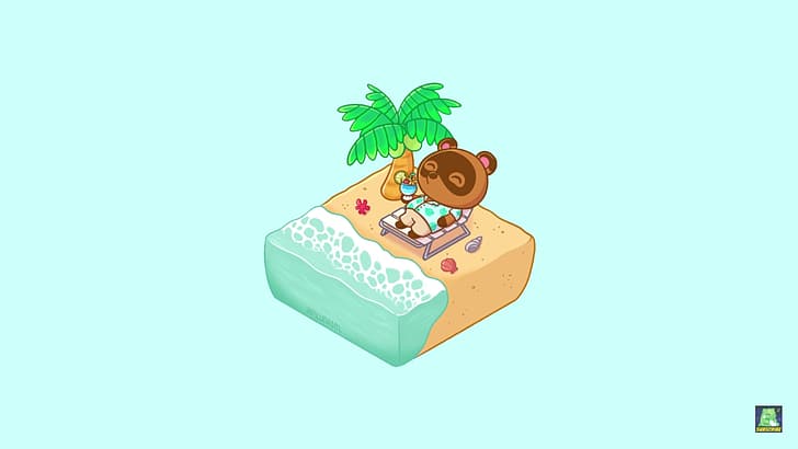 LoFi, Animal Crossing, Animal Crossing New Horizons, beach, Chill Out, YouTube, minimalism, simple, simple background, Tom Nook, palm trees, relaxing, seashell, alcohol, happy, HD wallpaper