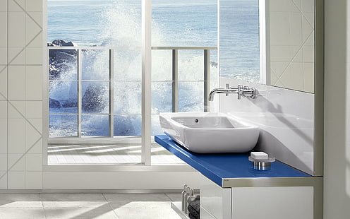 white ceramic sink, sink, windows, light, furniture, HD wallpaper HD wallpaper