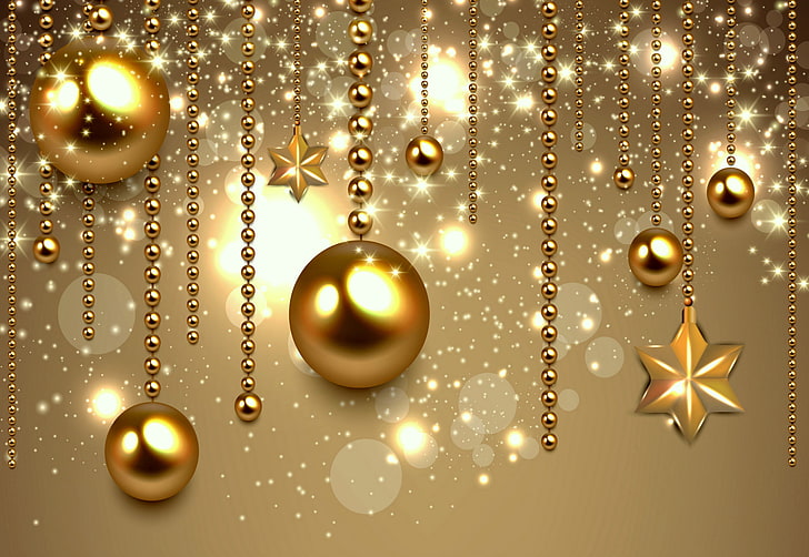 gold-colored baubles wallpaper, decoration, balls, New Year, Christmas, golden, HD wallpaper