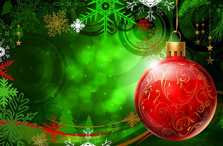 red and green Christmas decor, red, green, new year, ball, HD wallpaper