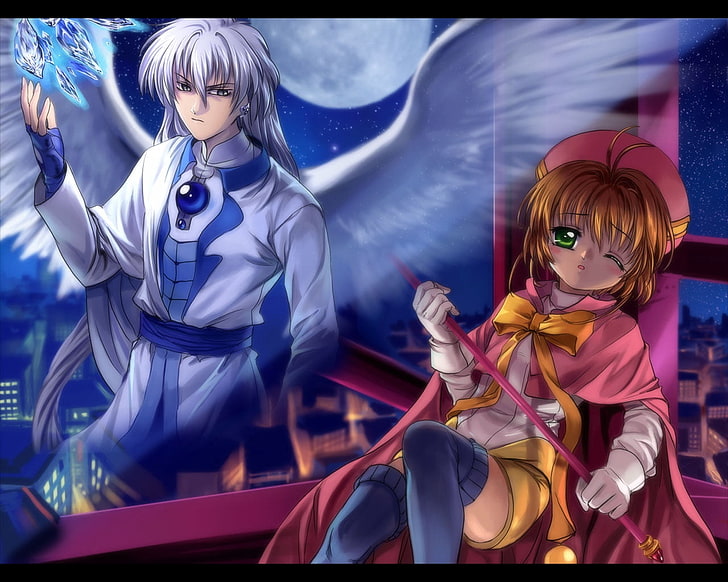 шатенка женский аниме персонаж иллюстрация, мальчик, девочка, ангел, палочка, магия, HD обои