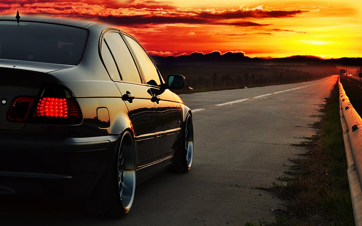 sedán negro, BMW E46, Photoshop, puesta de sol, carretera, conducción, coche, Fondo de pantalla HD