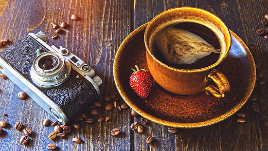 coffee, coffee cup, cup, turkish coffee, drink, strawberry, flavor, still life photography, caffeine, camera, HD wallpaper HD wallpaper