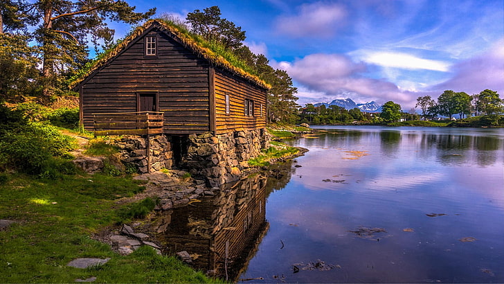 brown wooden house, landscape, hut, nature, water, HD wallpaper
