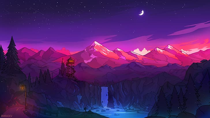 Feuerwache, Berge, Wald, Wasserfall, Turm, Mond, Sterne, Strom, digital, HD-Hintergrundbild