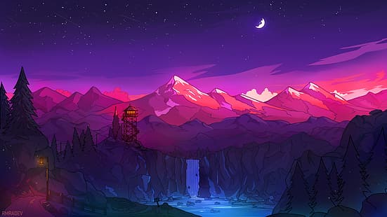 Feuerwache, Berge, Wald, Wasserfall, Turm, Mond, Sterne, Strom, digital, HD-Hintergrundbild HD wallpaper