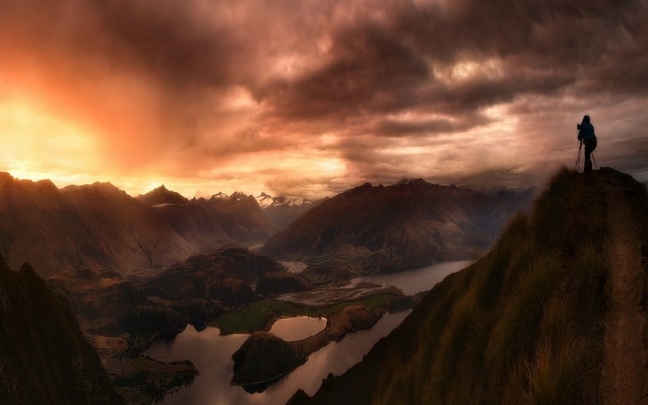 Solnedgång, Landskap, Berg, Nya Zeeland, Himmel, Moln, Fotografer, Nya Zeeland, solnedgång, landskap, berg, Nya Zeeland, himmel, moln, fotografer, HD tapet