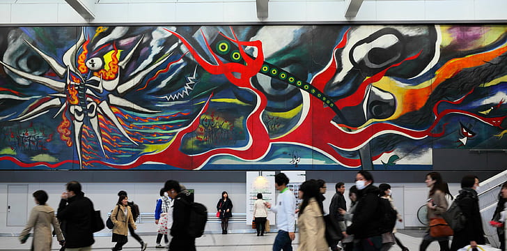 atomic bomb, building, nuclear explosion, pedestrian passage, shibuya, station, street art, theme street art, wall, wall art, wall painting, HD wallpaper