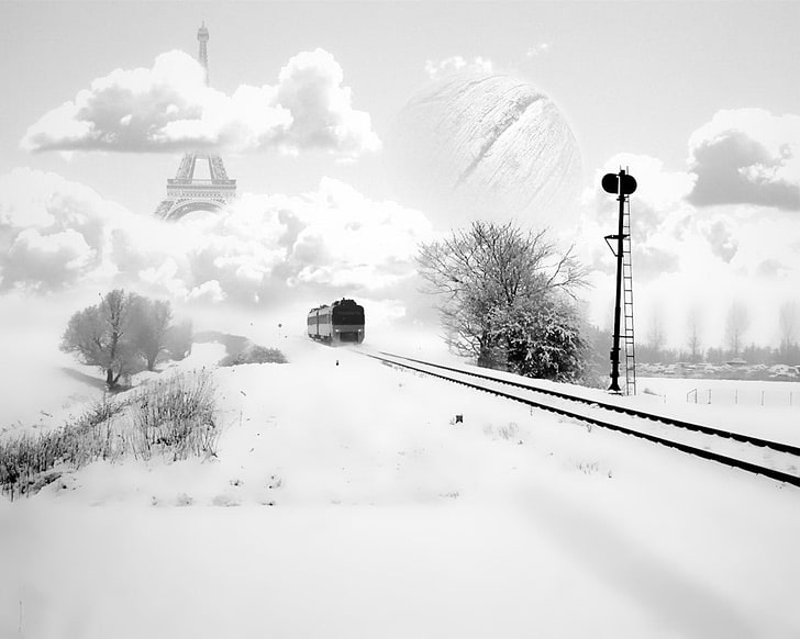 black train, eifel tower, paris, france, tram, winter, snow, rails, clouds, HD wallpaper