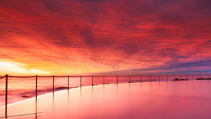 Australia lautan pantai, kolam renang, matahari terbenam sore hari, langit merah, awan, Australia, Lautan, Pantai, Kolam Renang, Malam, Matahari Terbenam, Merah, Langit, Awan, Wallpaper HD