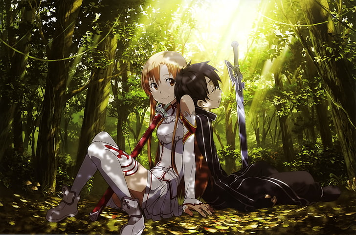 man and woman anime character, Yuuki Asuna, Kirigaya Kazuto, Sword Art Online, Kirito (Sword Art Online), HD wallpaper
