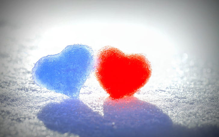 겨울 눈, 파란색과 빨간색 사랑 마음, 겨울, 눈, 파란색, 빨간색, 사랑, 심장, HD 배경 화면