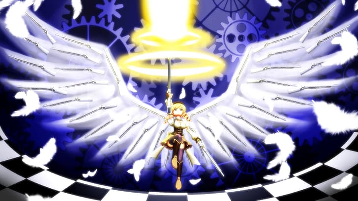 Flügel, Anime, Waffe, Zahnräder, Mahou Shoujo Madoka Magica, Tomoe Mami, magische Mädchen, HD-Hintergrundbild