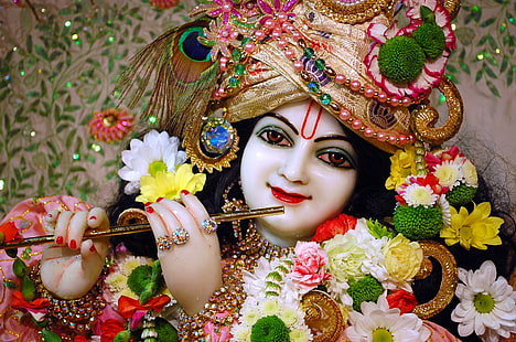 Senhor bonito Krishna, divindade hindu papel de parede digital, Deus, Senhor Krishna, flor, estátua, HD papel de parede HD wallpaper