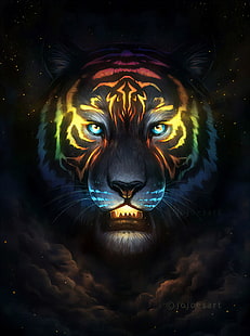 pittura testa di tigre, tigre, opere d'arte, Jonas Jodicke, nuvole, fauna selvatica, Sfondo HD HD wallpaper