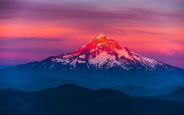 paesaggio, Oregon, montagna di larice, tramonto, montagne, Monte Hood, Sfondo HD