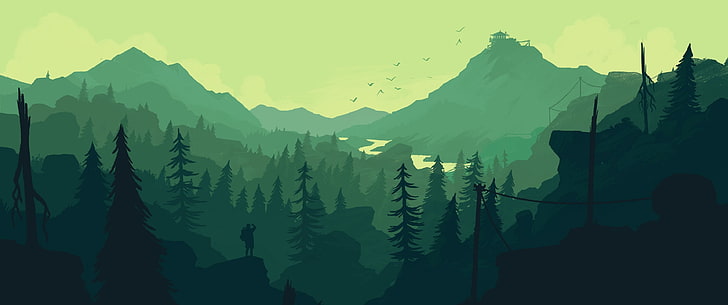 grönt berg och trädmålning, brandklocka, landskap, skog, minimalistisk, spel, HD tapet