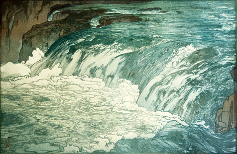 водоем, Ёсида Хироши, произведение искусства, японский, живопись, река, вода, HD обои HD wallpaper