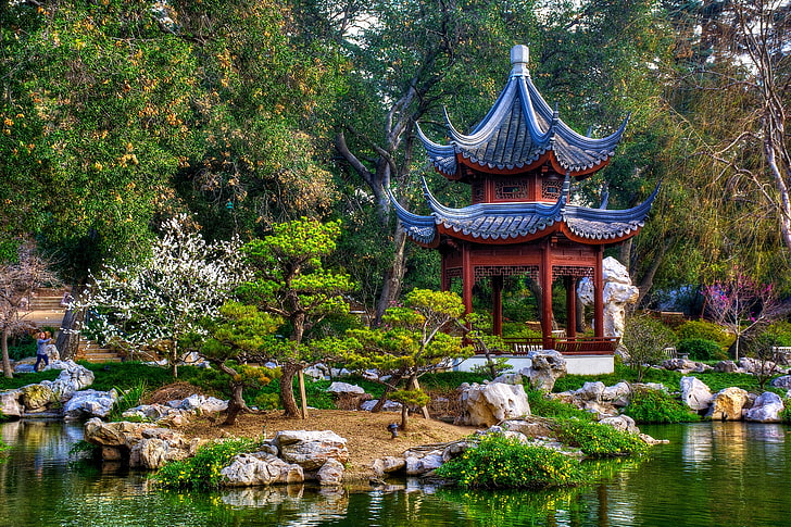 brown and blue wooden gazebo, trees, pond, Park, CA, gazebo, Japanese garden, California, San Marino, HD wallpaper