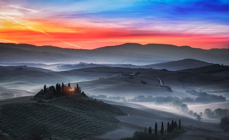 brouillard, champ, le soir, matin, Italie, brume, Toscane, Fond d'écran HD