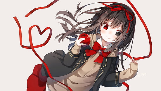 Anime Mädchen, braunes Haar, Band, Herz, niedlich, Apfel, rote Augen, Anime, HD-Hintergrundbild HD wallpaper