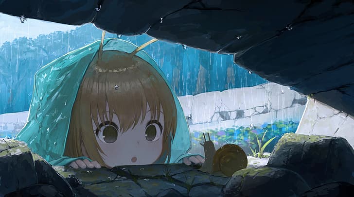 anime girls, snail, rain, bangs, HD wallpaper