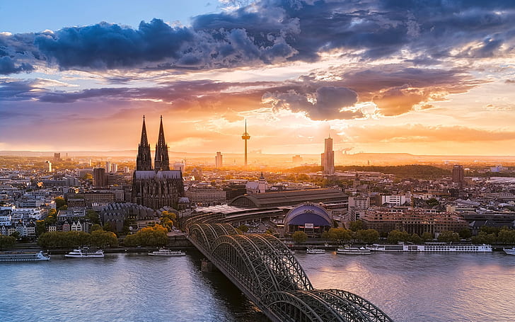 Belle ville de Cologne, Allemagne, coucher de soleil, pont, rivière, maisons, ciel, nuages, Belle, Cologne, ville, Allemagne, coucher de soleil, pont, rivière, maisons, ciel, nuages, Fond d'écran HD
