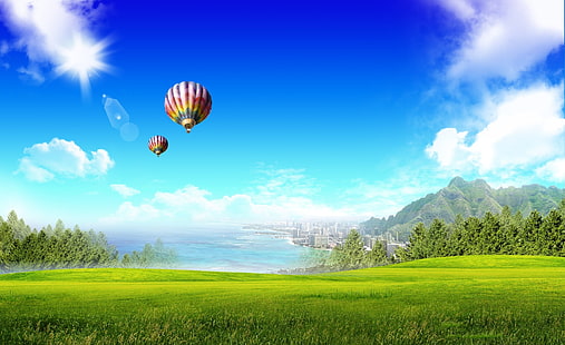 Dreamscape Summer 10, white and red hot air balloons, Seasons, Summer, Dreamscape, HD wallpaper HD wallpaper