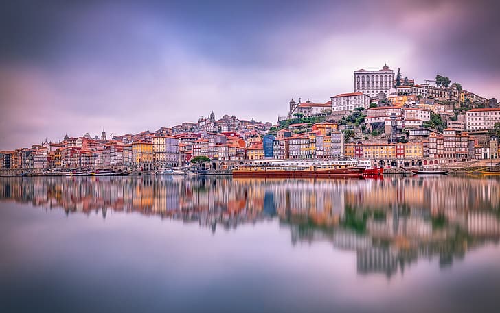 reflexión, río, edificio, hogar, Portugal, Oporto, Puerto, Río Duero, El río Duero, Fondo de pantalla HD