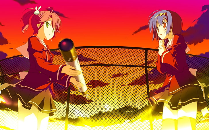 two women anime characters illustration, anime, girls, fence, fire, night, HD wallpaper