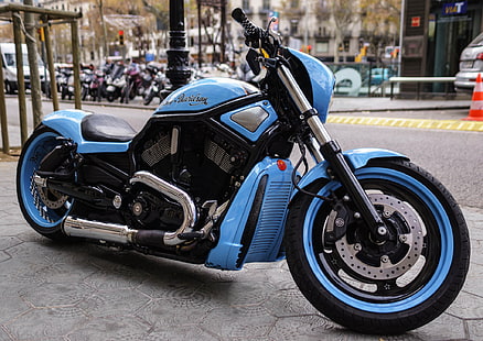 niebiesko-czarny motocykl cruiser, harley-davidson, harley-davidson motor company, motocykl, rower, Tapety HD HD wallpaper