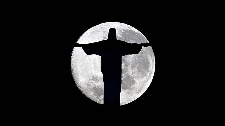 黒の背景、ブラジル、コルコバードのキリスト像、キリスト教、都市、イエス・キリスト、月、月明かり、夜、宗教、宗教、宗教、リオデジャネイロ、彫刻、シルエット、像、町、 HDデスクトップの壁紙