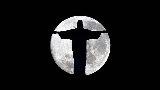 黒の背景、ブラジル、コルコバードのキリスト像、キリスト教、都市、イエス・キリスト、月、月明かり、夜、宗教、宗教、宗教、リオデジャネイロ、彫刻、シルエット、像、町、 HDデスクトップの壁紙 HD wallpaper