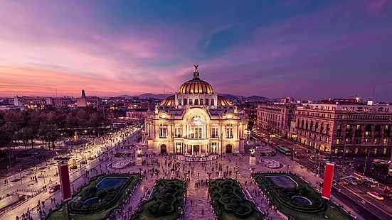 сграда, град Мексико, Мексико, площад, градски пейзаж, лилаво небе, HD тапет HD wallpaper