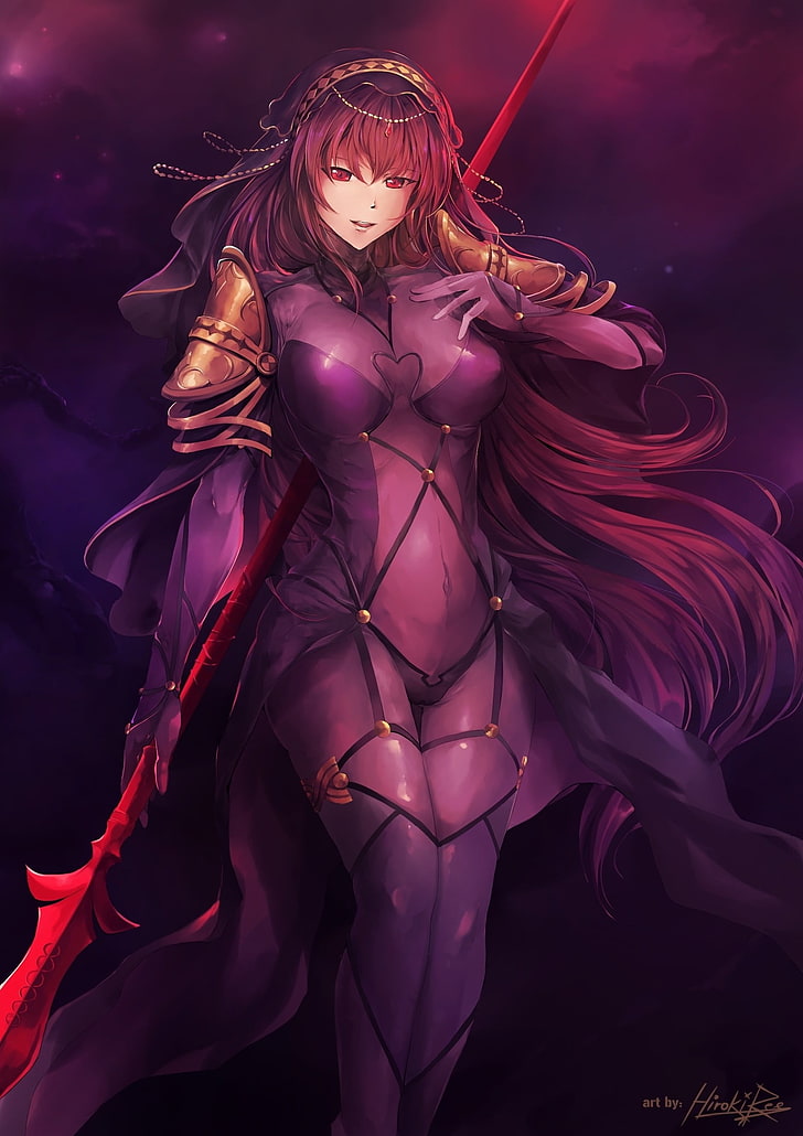 female anime character digital wallpaper, Fate/Grand Order, Scathach ( Fate/Grand Order ), long hair, bodysuit, weapon, spear, HD wallpaper