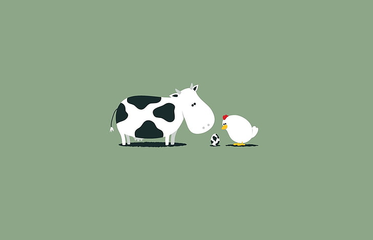 cow and hen infront of egg wallpaper, Animal, Cow, Chicken, Egg, HD wallpaper