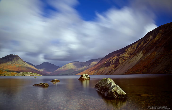 in distance photo of mountains and body of water, wastwater, wastwater, Wastwater, distance, photo, mountains, body of water, clouds, Lake District, light, long exposure, rocks, nature, mountain, lake, landscape, outdoors, scenics, iceland, water, sky, fjord, rock - Object, reflection, travel, summer, beauty In Nature, arctic, HD wallpaper