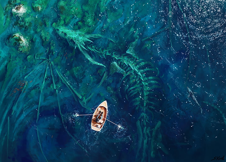 graues Boot, braunes Jon-Boot, Drache, Boot, Skelett, Knochen, Wasser, Ufer, Meer, Haifisch, bunt, HD-Hintergrundbild