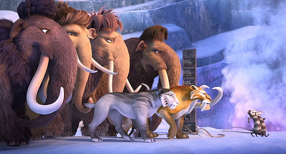 Ice Age ، Ice Age: Collision Course ، Crash (Ice Age) ، Diego (Ice Age) ، Eddie (Ice Age) ، Ellie (Ice Age) ، Julian (Ice Age) ، Manny (Ice Age) ، Peaches (Ice Age) شيرا (العصر الجليدي)، خلفية HD HD wallpaper
