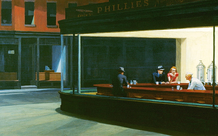 homem e mulher na pintura de café, figura, café, corujas noturnas, Edward Hopper, Nighthawks, HD papel de parede