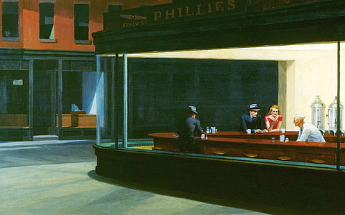 мужчина и женщина в кафе живопись, фигура, кафе, ночные совы, эдвард хоппер, ночные ястребы, HD обои HD wallpaper